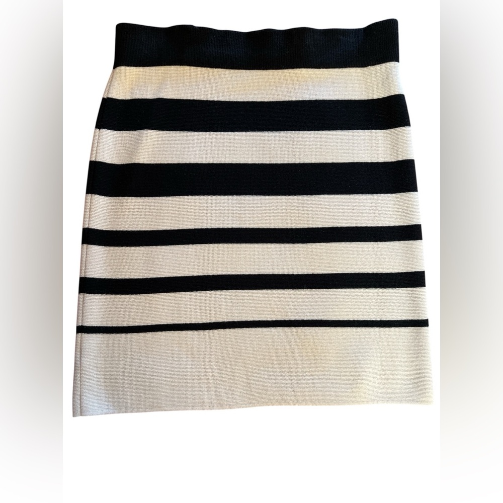 LOFT Black & Cream Striped Knit Midi Skirt Elastic Waist Size L - Picture 1 of 4